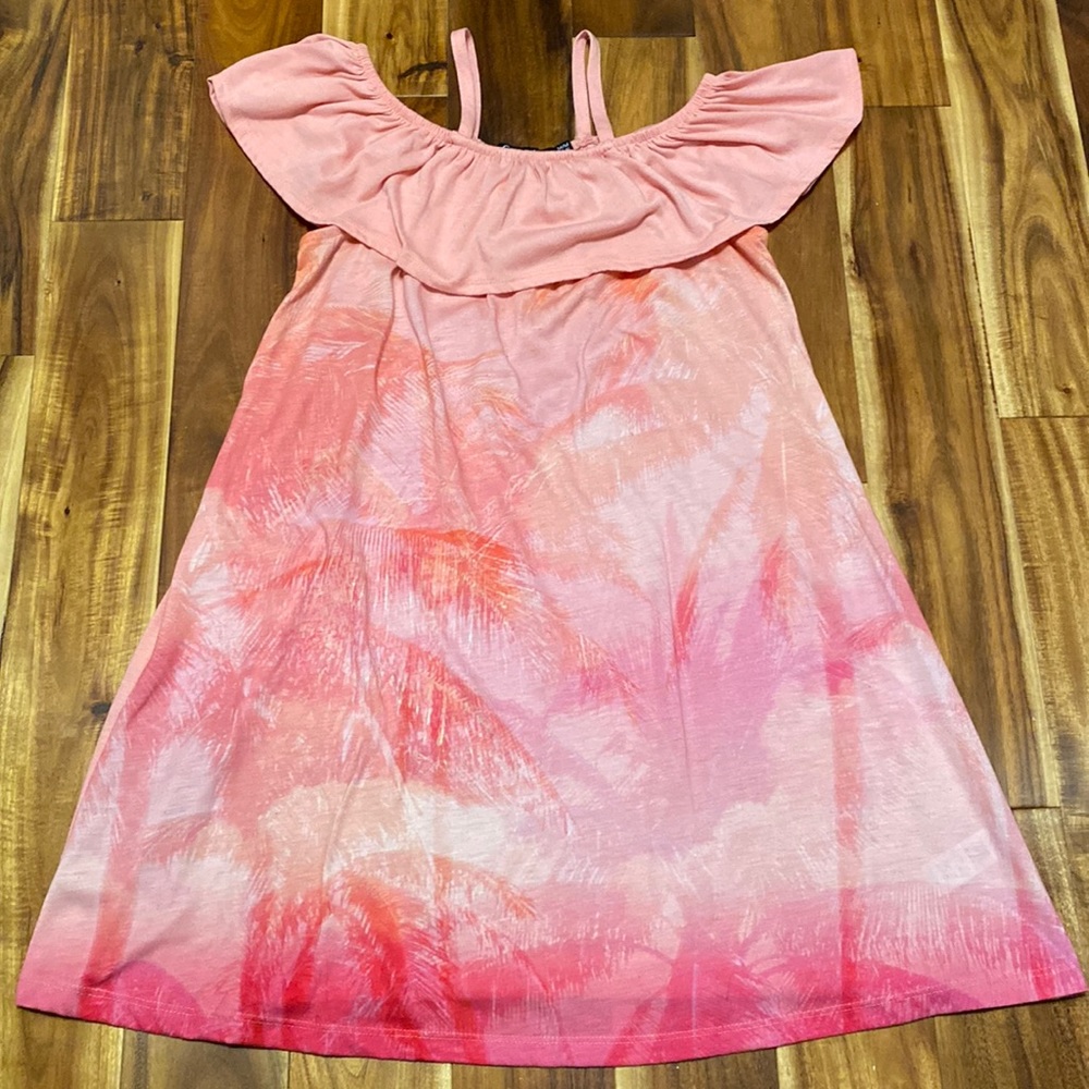 Girl’s Size 7-8 Cold Shoulder Topical Vibes with Palm Trees 🌴 Pink Dress